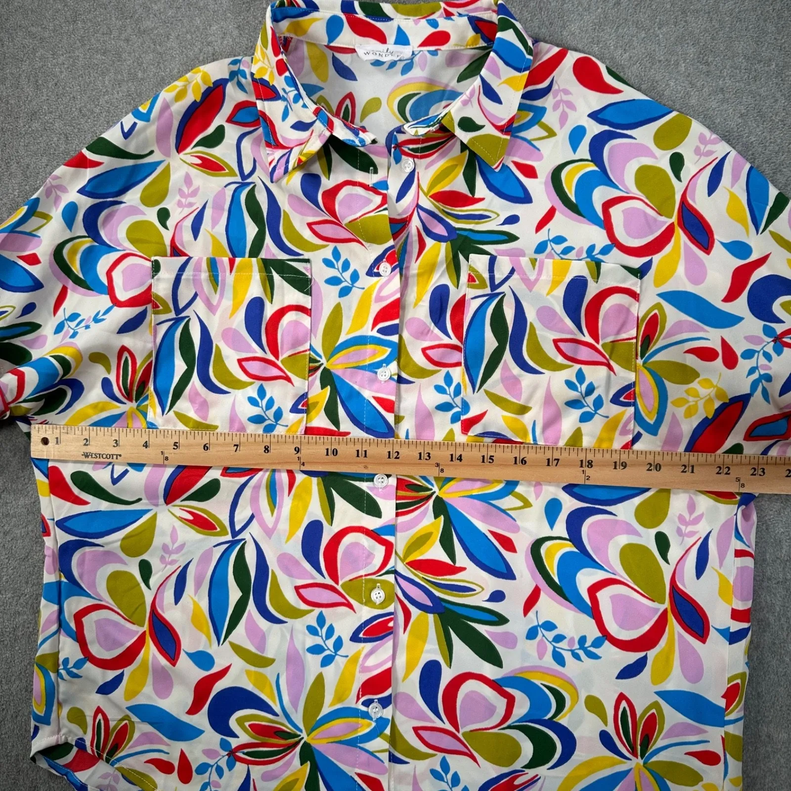 Emily Wonder Retro Floral Button Front Blouse Women's Small Pockets Roll Sleeve Blue - Image 7