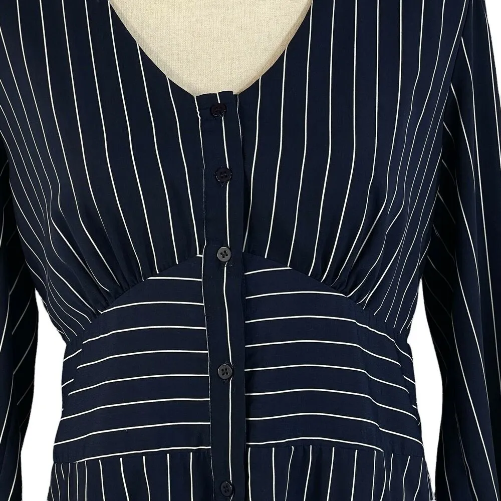 19 Cooper Medium A-Line Mini Dress Striped V-Neck 3/4 Sleeves Button-Up Lined - Image 2