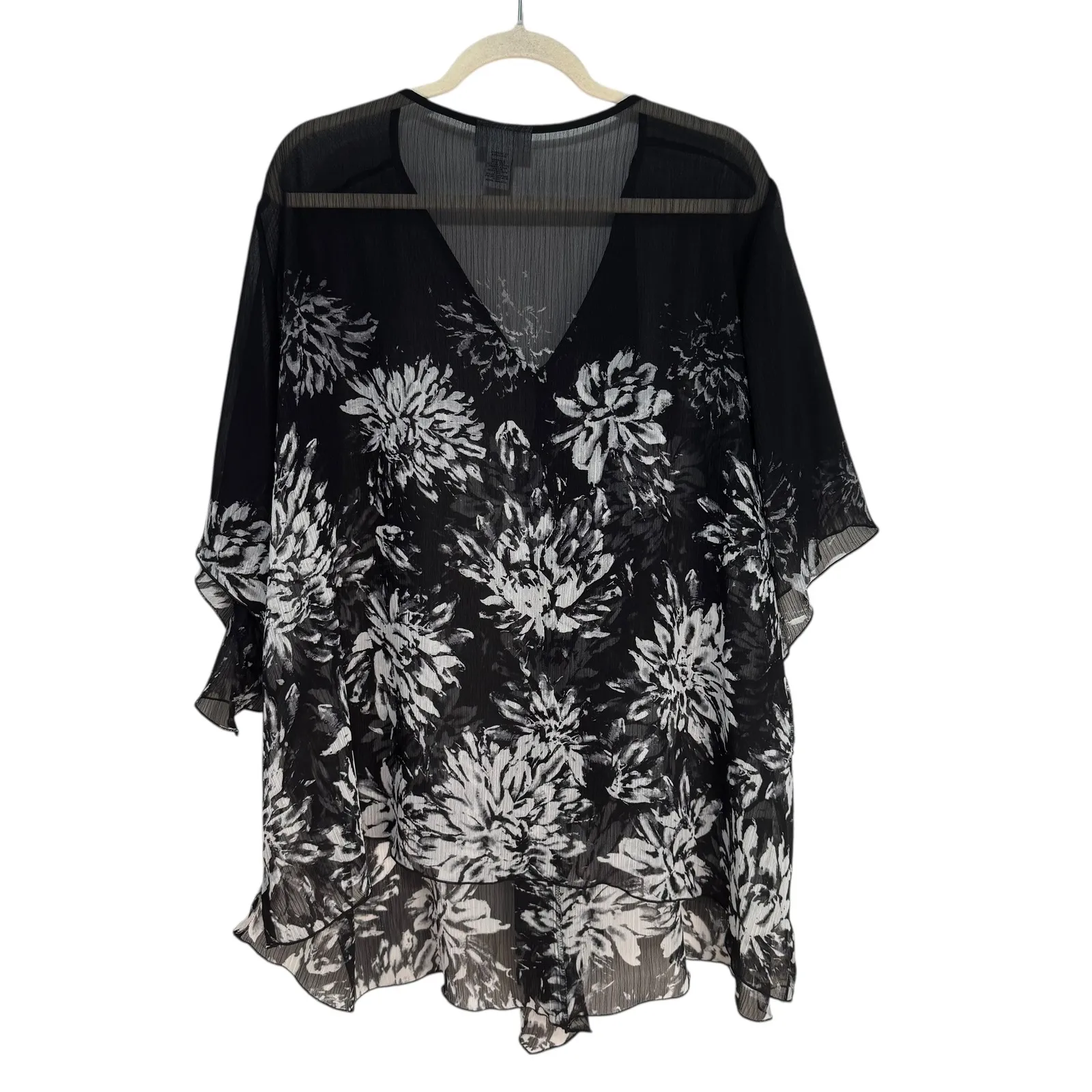 Catherines Black Floral Print Sheer Kimono Top Caftan Swim Cover Up 3X - Image 5