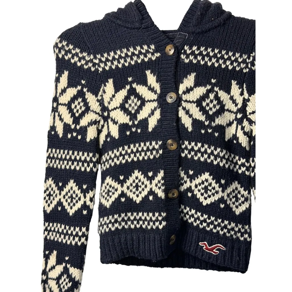 VTG Y2k Hollister XS Navy White Wool Button Up Hoodie Sweater Snow Winter Ski - Image 2
