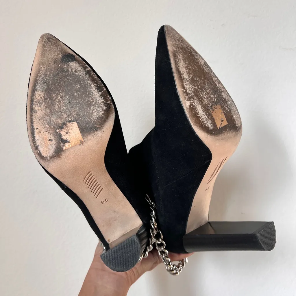 Paige London Black Suede Pointed Toe Heel Boots Chain Detail 9.5 - Image 10