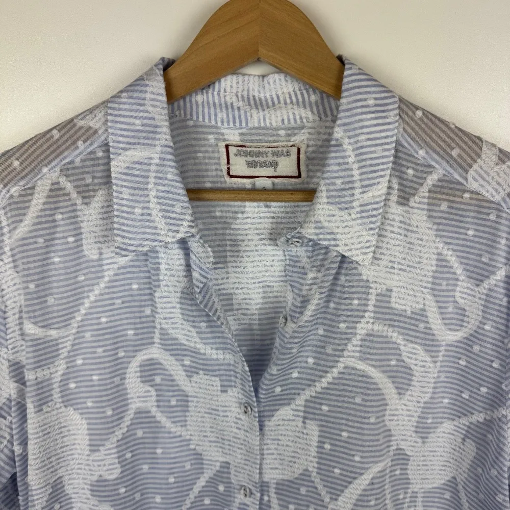 Johnny Was Workshop Flore Seersucker Button Down Shirt Sz S Embroidered Striped - Image 3