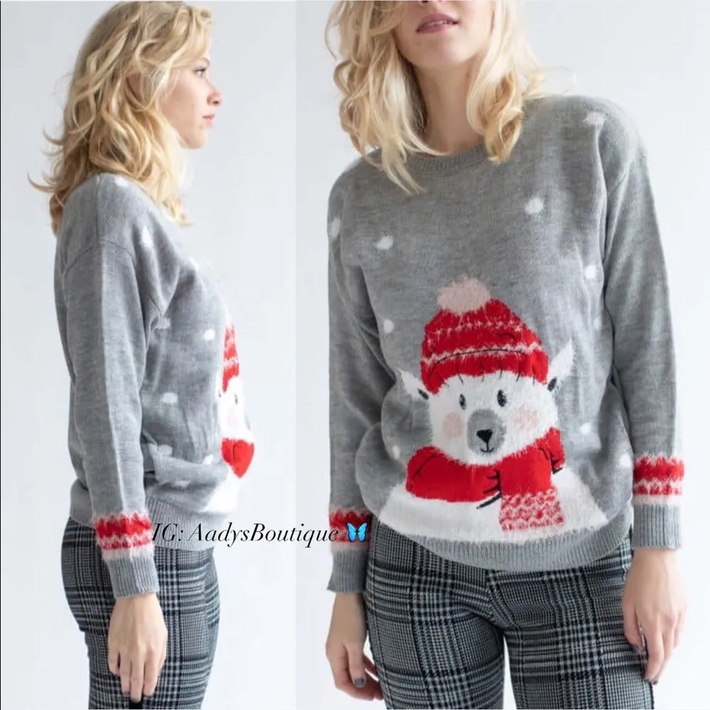 POOF New York Holiday Polar Bear Crewneck Sweater in Grey Size M New w/Tag - Image 13