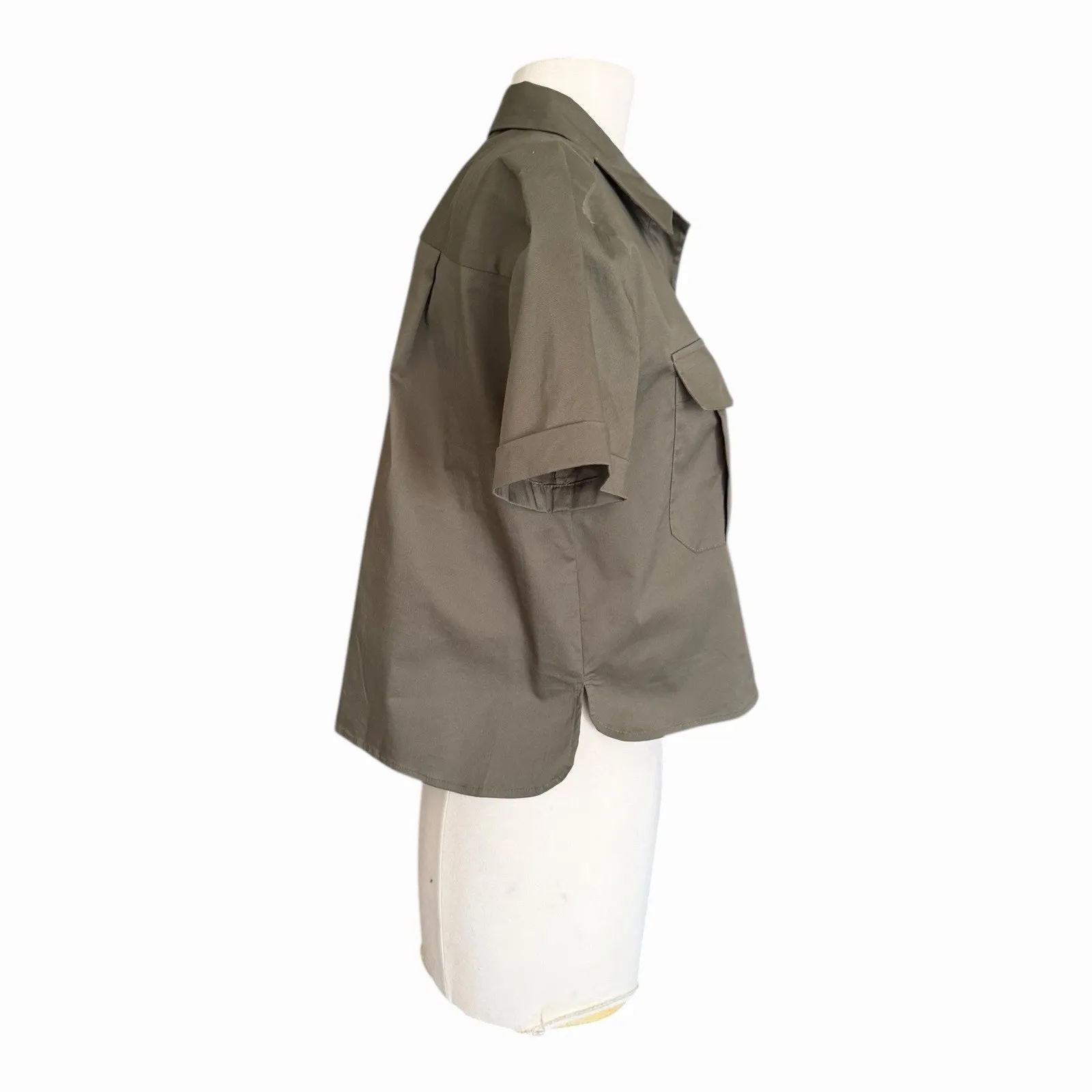 Good American NWT The Cropped Shirt Button Down Sage Collared Front Pockets - Image 4