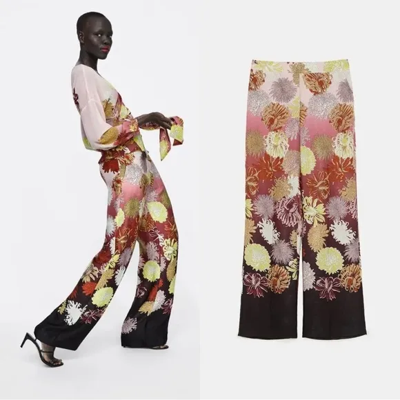 ZARA Satin Floral Wide Leg Brown Pink Pants Sz M - Image 2