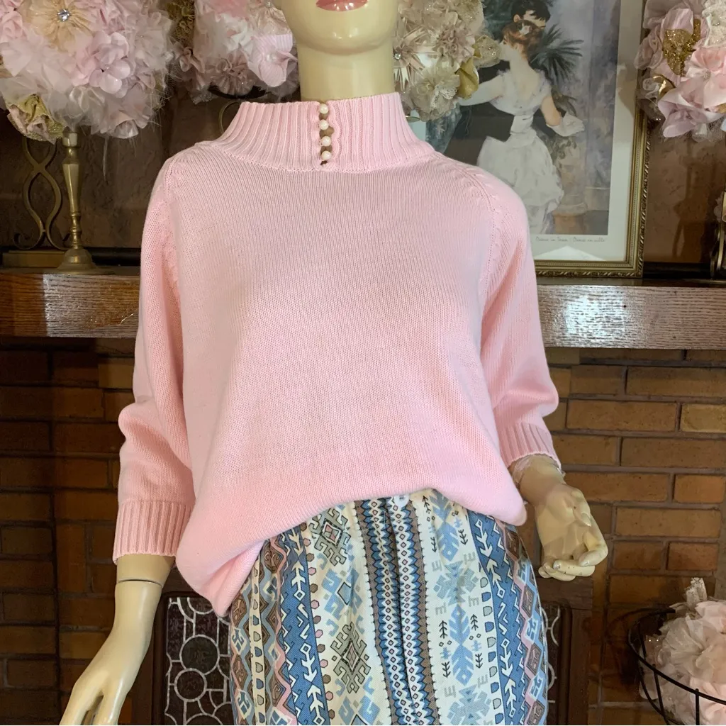 LIZ THOMAS II VINTAGE 1980'S PINK MOCK NECK 3/4 SLEEVE SWEATER (1X) - Image 3