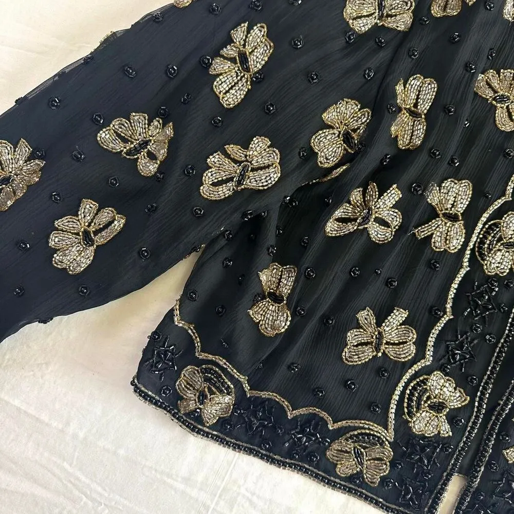 VTG 80s Night Vogue 100% Silk Black Gold Beaded Bows Evening Jacket Sz M Formal Size M - Image 2