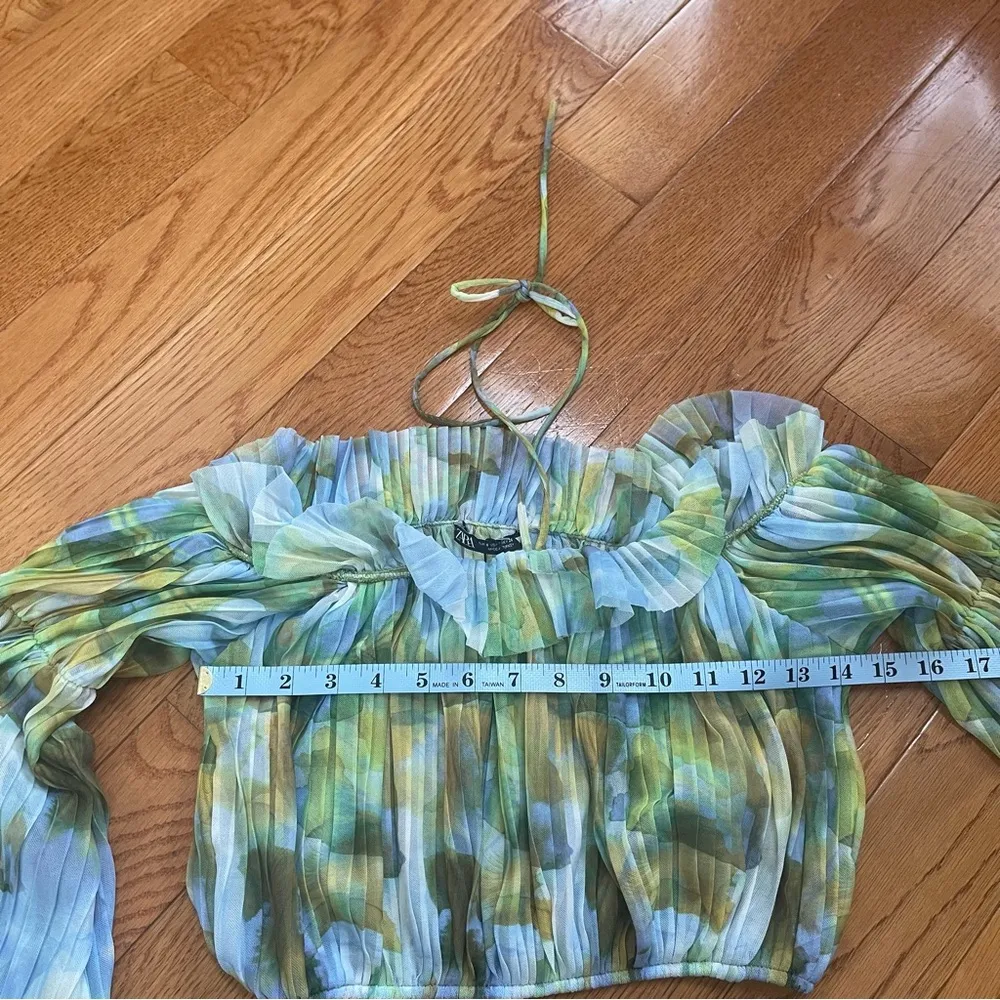 Zara Printed Tulle  Cropped Top bell sleeves ruffles Green Yellow Sz S - Image 10