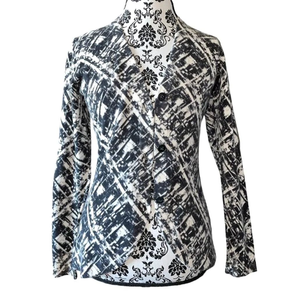 Lafayette 148 Black & Cream Geometric Cashmere Knit Cardigan Sweater - Image 2