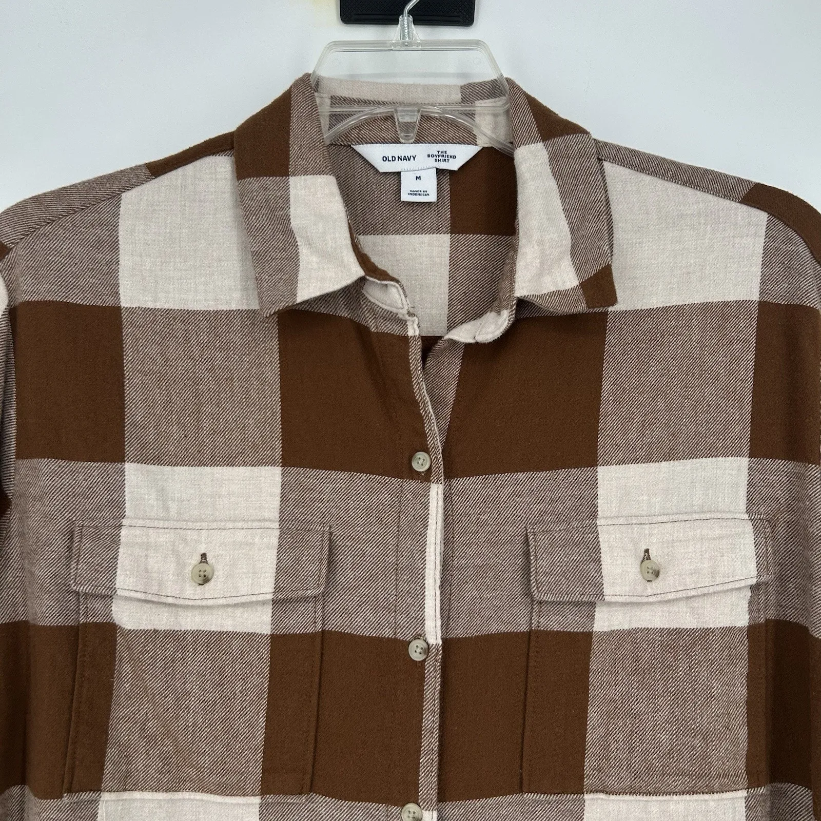 Old Navy Flannel The Boyfriend Shirt Brown Cream Neutral Oversized Size M - Image 2
