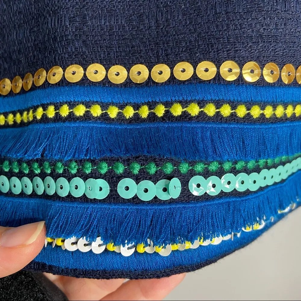 Talbots Navy Blue Tweed Knit Embroidered Sequin Fringe Pencil Skirt - Image 6