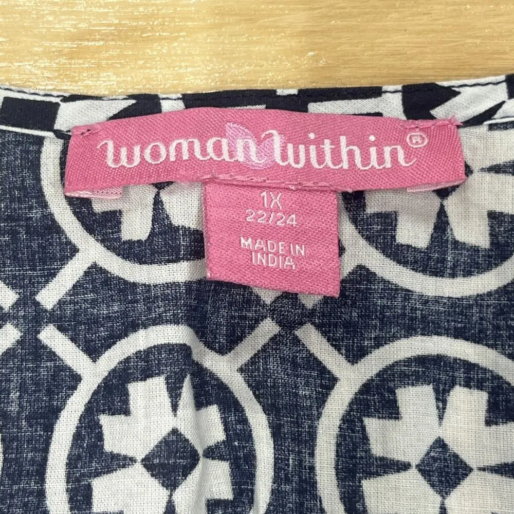 Woman Within Tunic Top Women’s 1X 22/24 Black White Embroidered Boho Cottagecore - Image 3