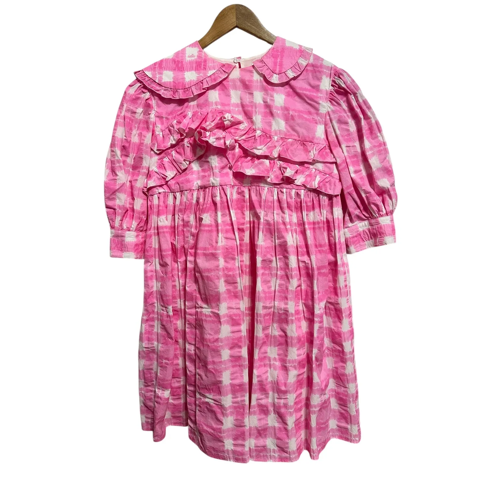 Vivetta tiedye check ruffled Pink White mini dress Collar Puff Sleeve plaid 38 - Image 2