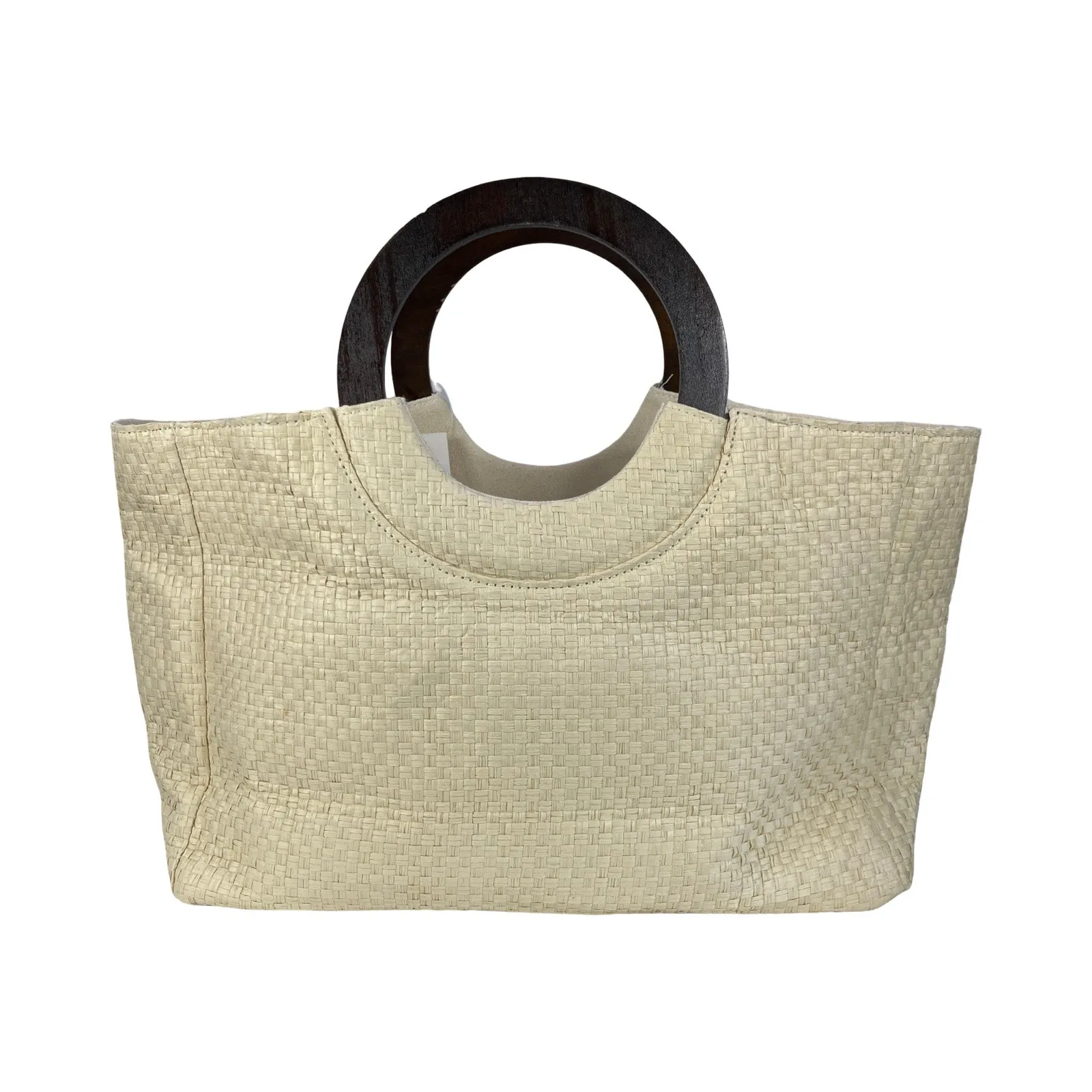 Lulu Dharma Ivory Basket Woven Raffia Tote Wood Handle Beach Summer Bag Brown - Image 5