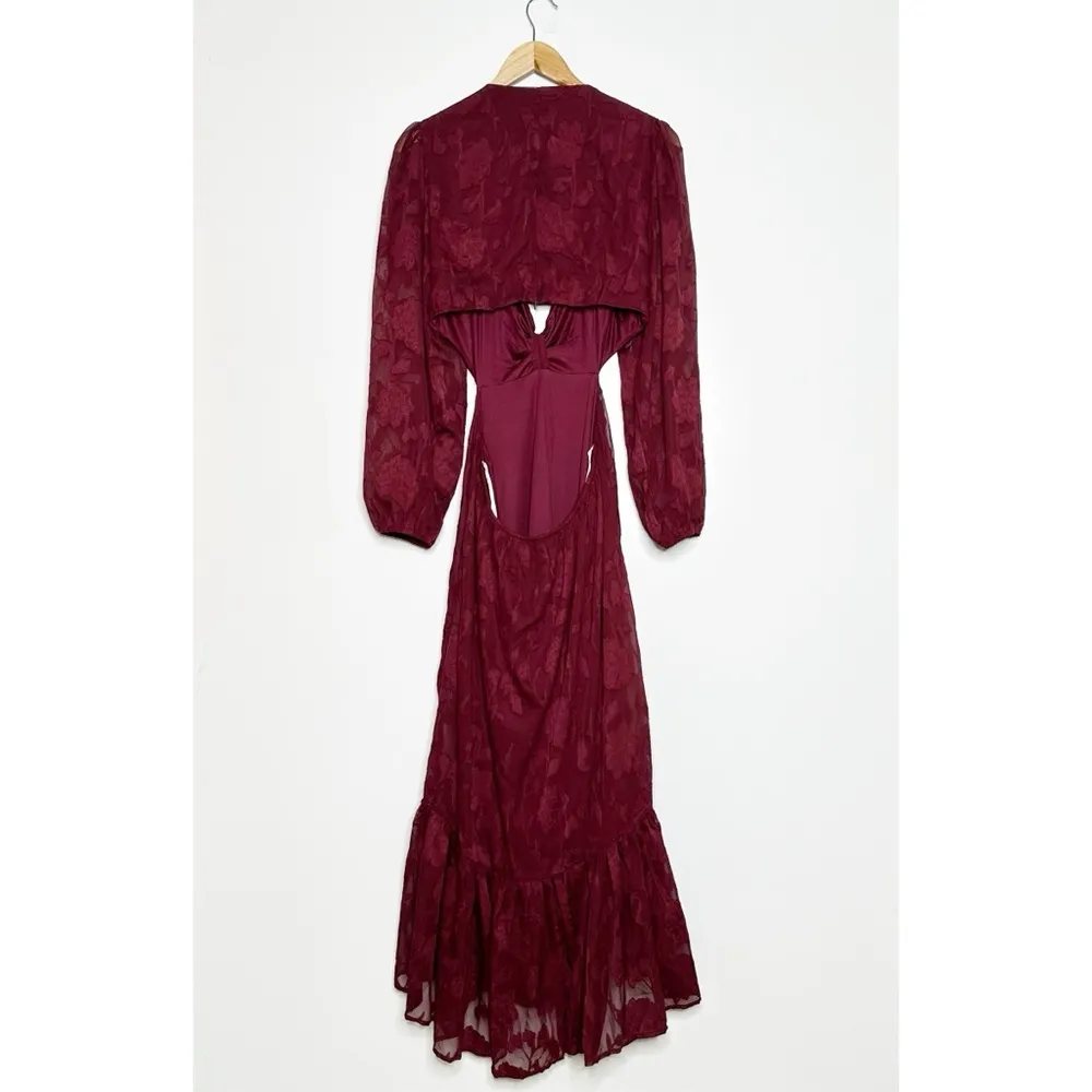 Lulus Desired Aesthetic Wine Red Floral Burnout Long Sleeve Midi Dress Size L - Image 8