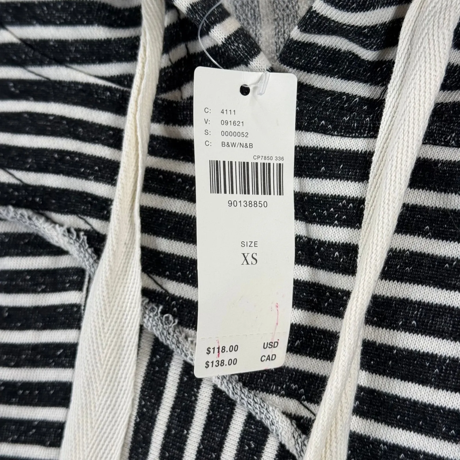 PILCRO Anthropologie Striped Hoodie Tunic XS Black White Cotton Drawstring - Image 7