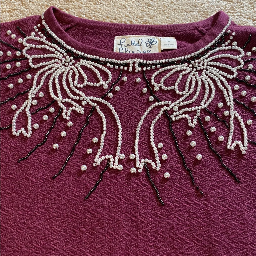 Anthropologie Field Flower Beaded Detail  Textured Cotton Sweater Crew Wine M - Image 2