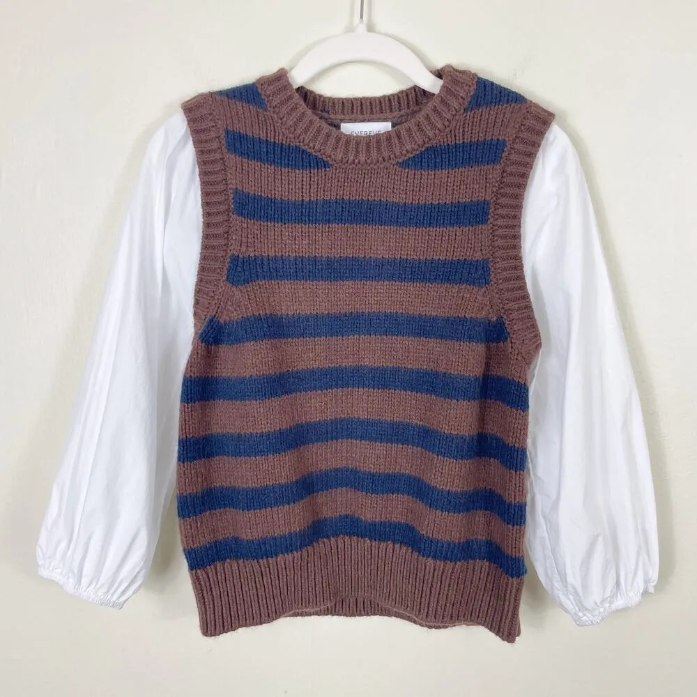 Evereve Brown and Navy Gracen Stripe Two-Fer Cotton Puff 3/4 Sleeve Sweater Vest - Image 2