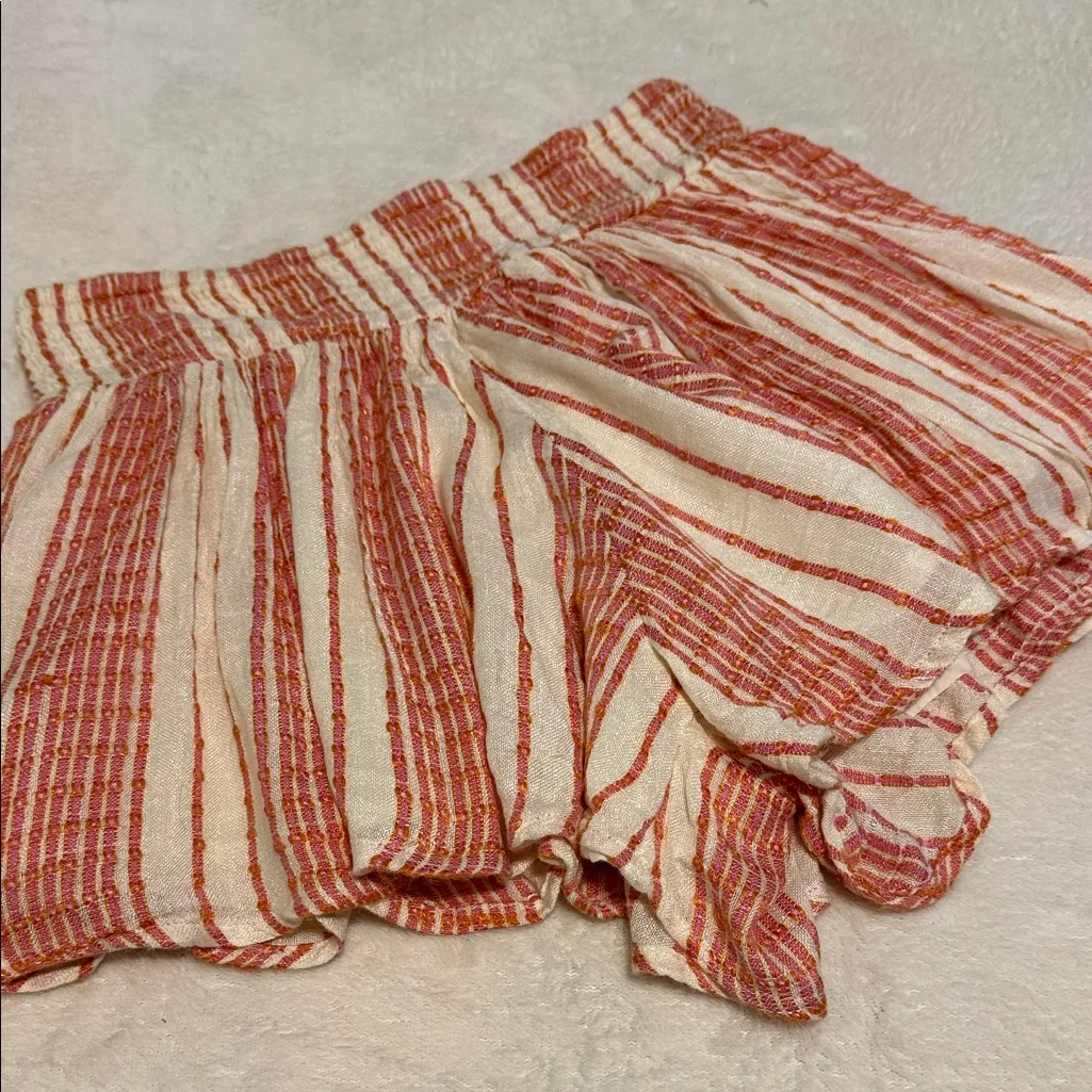 Free People She Will Be Loved Cream and Pink Striped Ruffle Shorts - Image 2