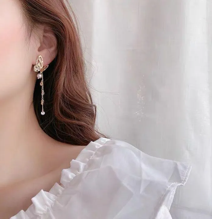Butterfly Tassel Long Dangle Drop Earrings for Women Gold - Image 3