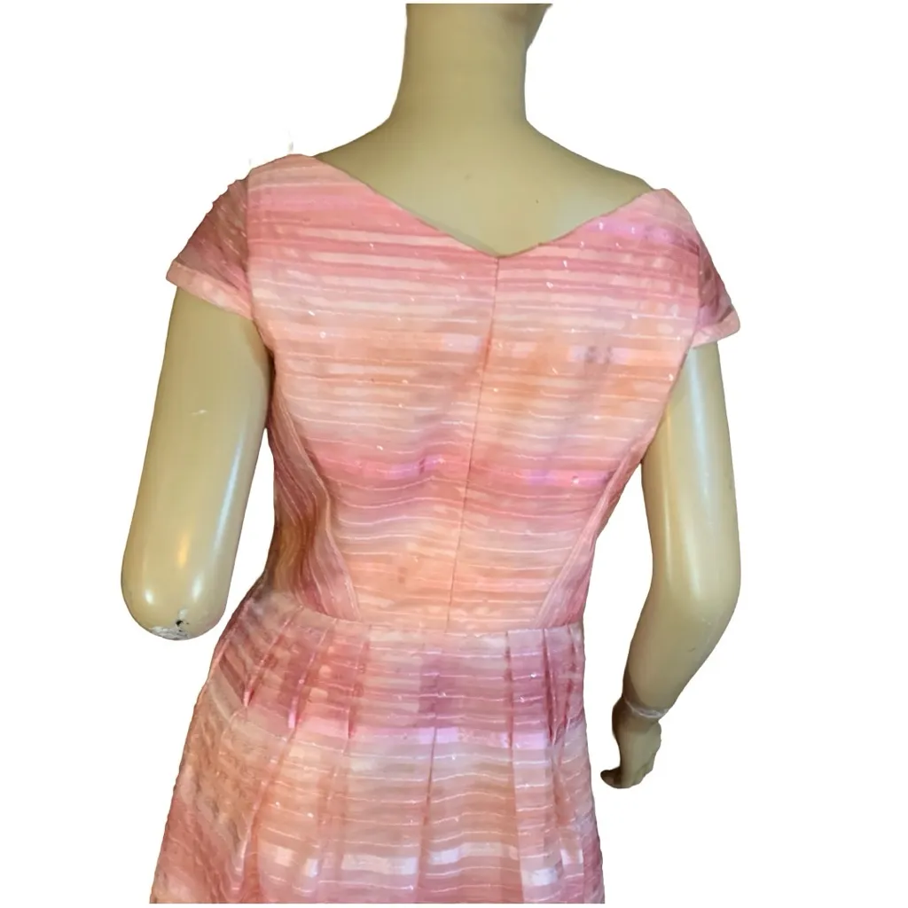 VINTAGE 1960'S PINK CHIFFON OMBRE STRIPED PARTY DRESS WITH SEQUINS (M) Size M - Image 6