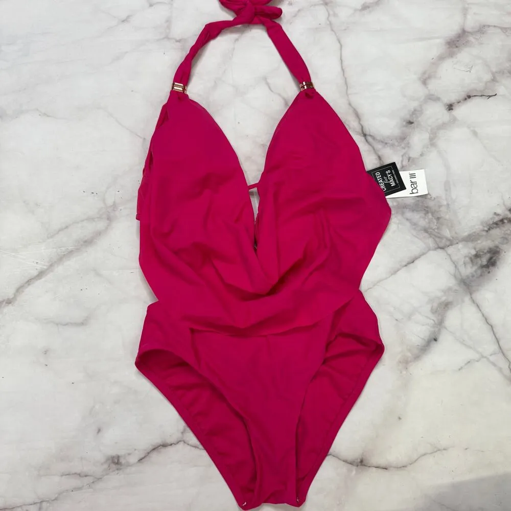 Bar III Cowlneck Monokini One Piece Swimsuit Size XS Ruby Pink Halter New - Image 2