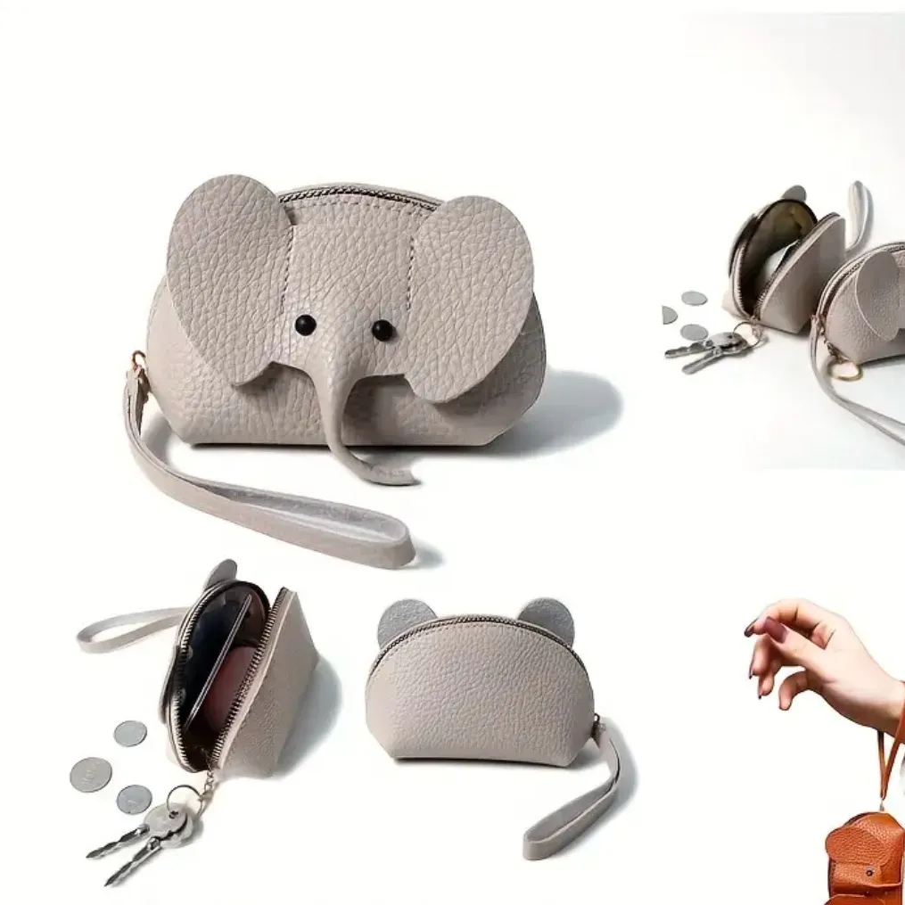 Mini Elephant Coin Purse Vegan Leather Zipper Wallet Keychain Cute NWT Gray - Image 2