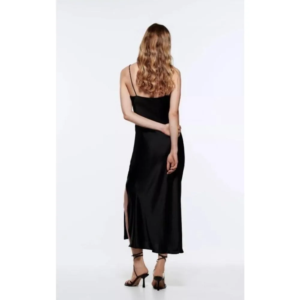 Zara Black Silk Satin Spaghetti Strap Cami Camisole Midi Tank Slip Dress Size M - Image 4