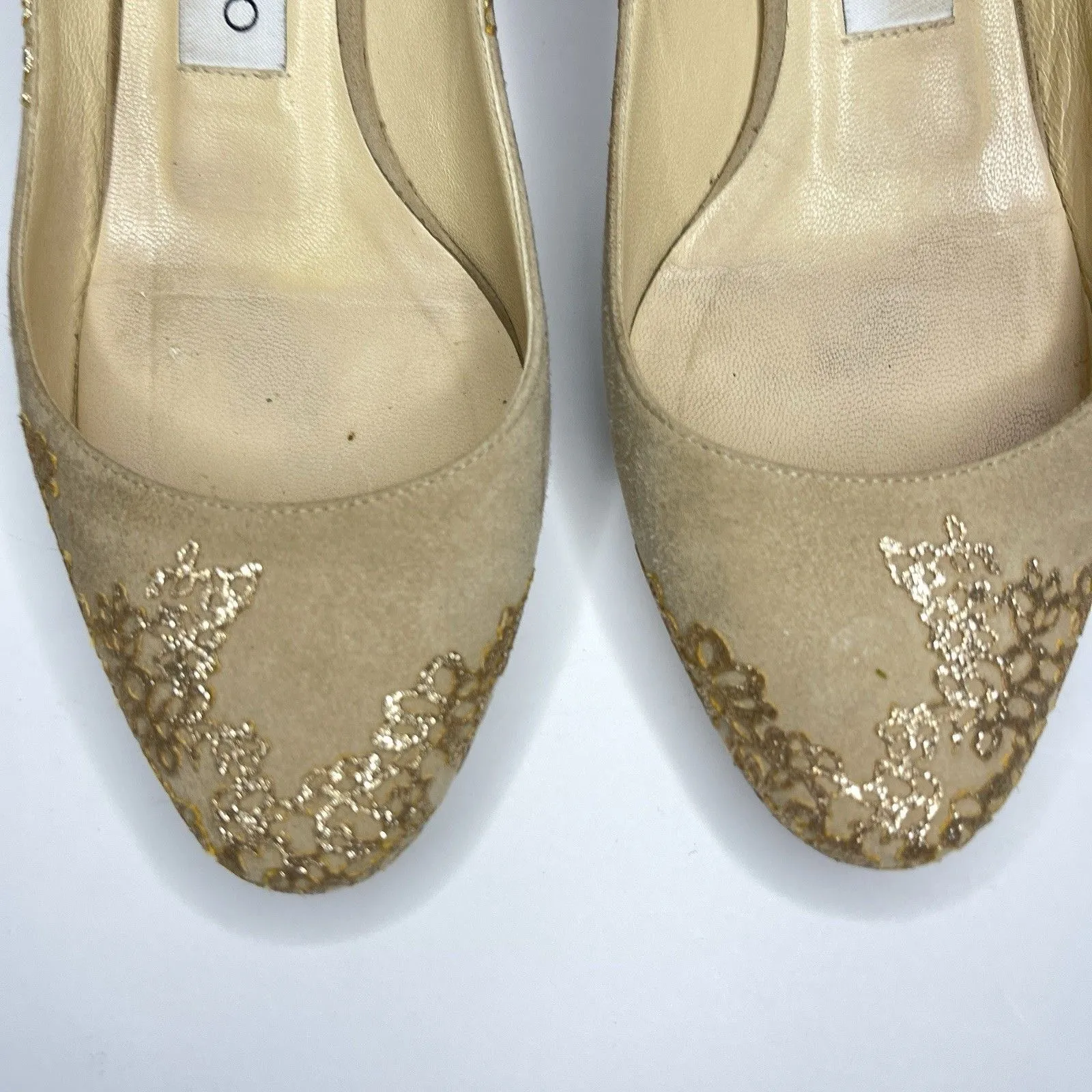 Jimmy Choo Nude Esme Kitten Heel Pumps Women EU 36 US 6 Beige Suede Gold Glitter - Image 3