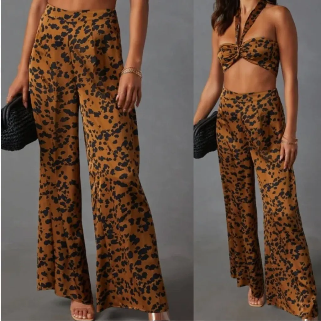 VICI Easy Tiger Brown & Black Leopard Print High Waist Wide Leg Trouser Pants L - Image 2