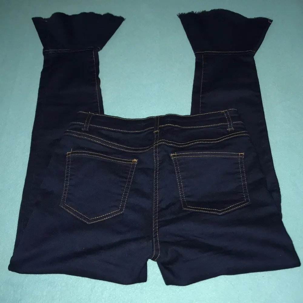 PARISIAN stretchy bell bottom ruffle jeans raw hem dark blue size 10 - Image 2