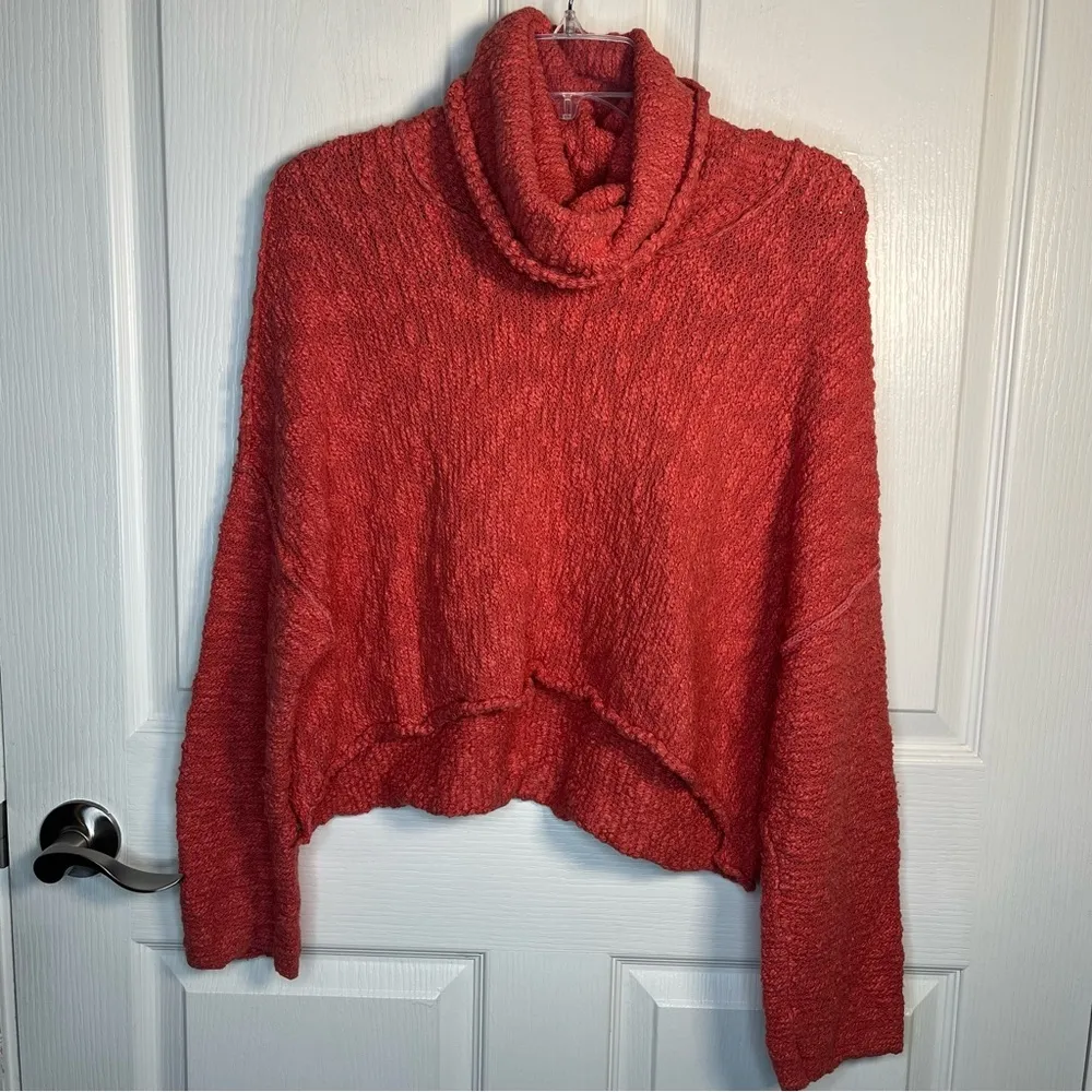 Free People Sz XS The Big Easy Cropped Cowl Neck Sweater In Coral Textured - Image 14