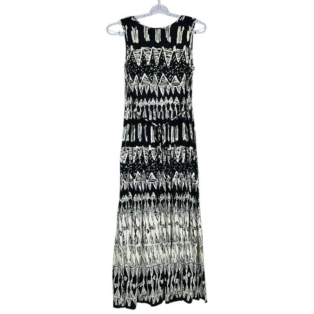 BILA Boho Maxi Dress Gauzy Crinkle Sleeveless Pockets Black Cream Batik Print SM - Image 10