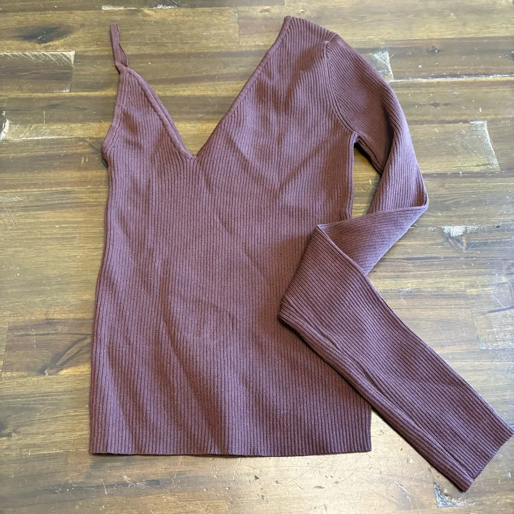 Zara Ribbed Cold Shoulder Tank Top Long Sleeve Brown Chocolate Small V Neck - Image 2