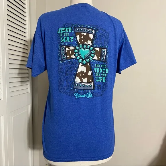 Women’s Blessed Girl Turquoise and Cow Print Cross Graphic M Medium - Image 2