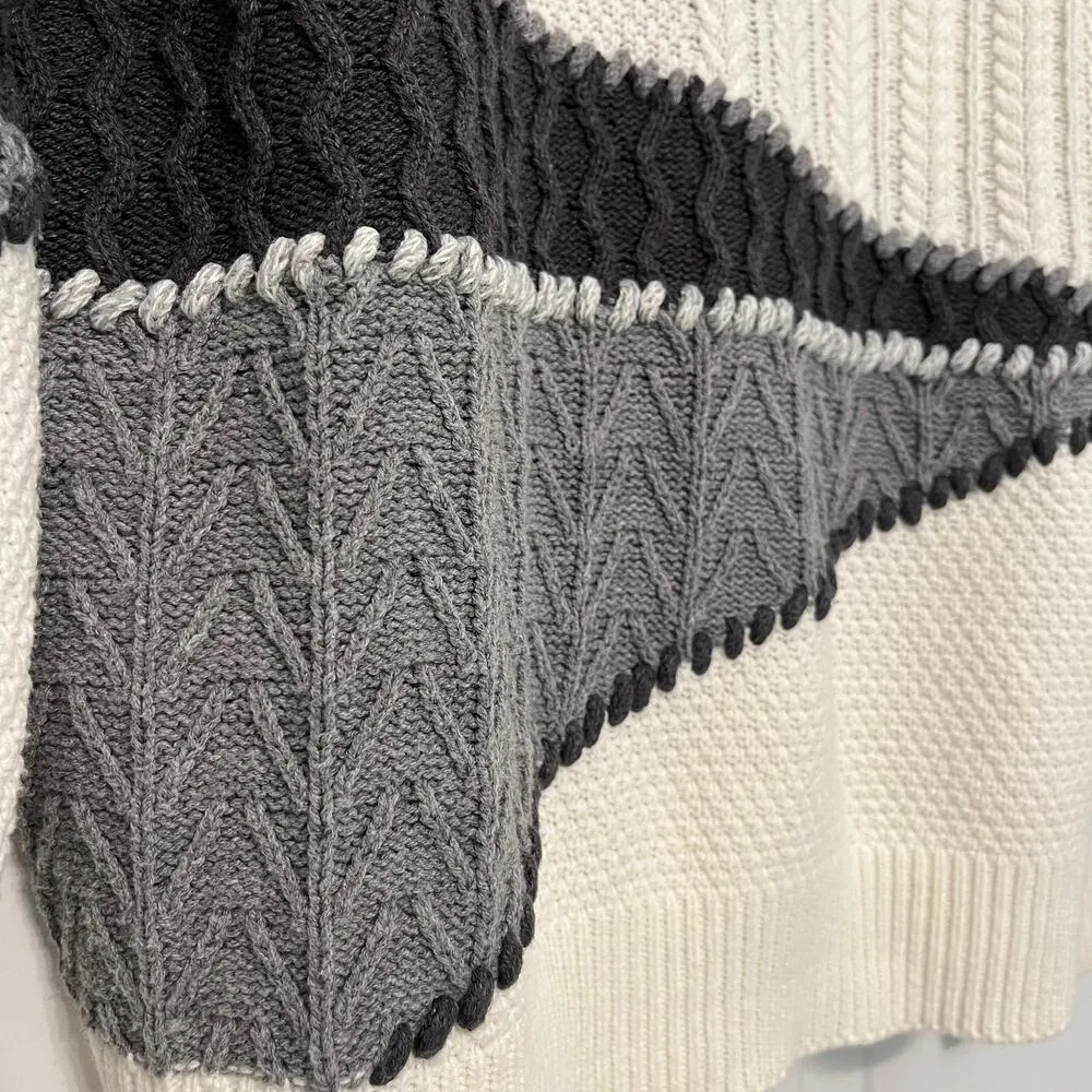 Vintage Grandpa Sweater 3D Cable Knit Cream Gray Black Medium Chunky‎ Patchwork - Image 5