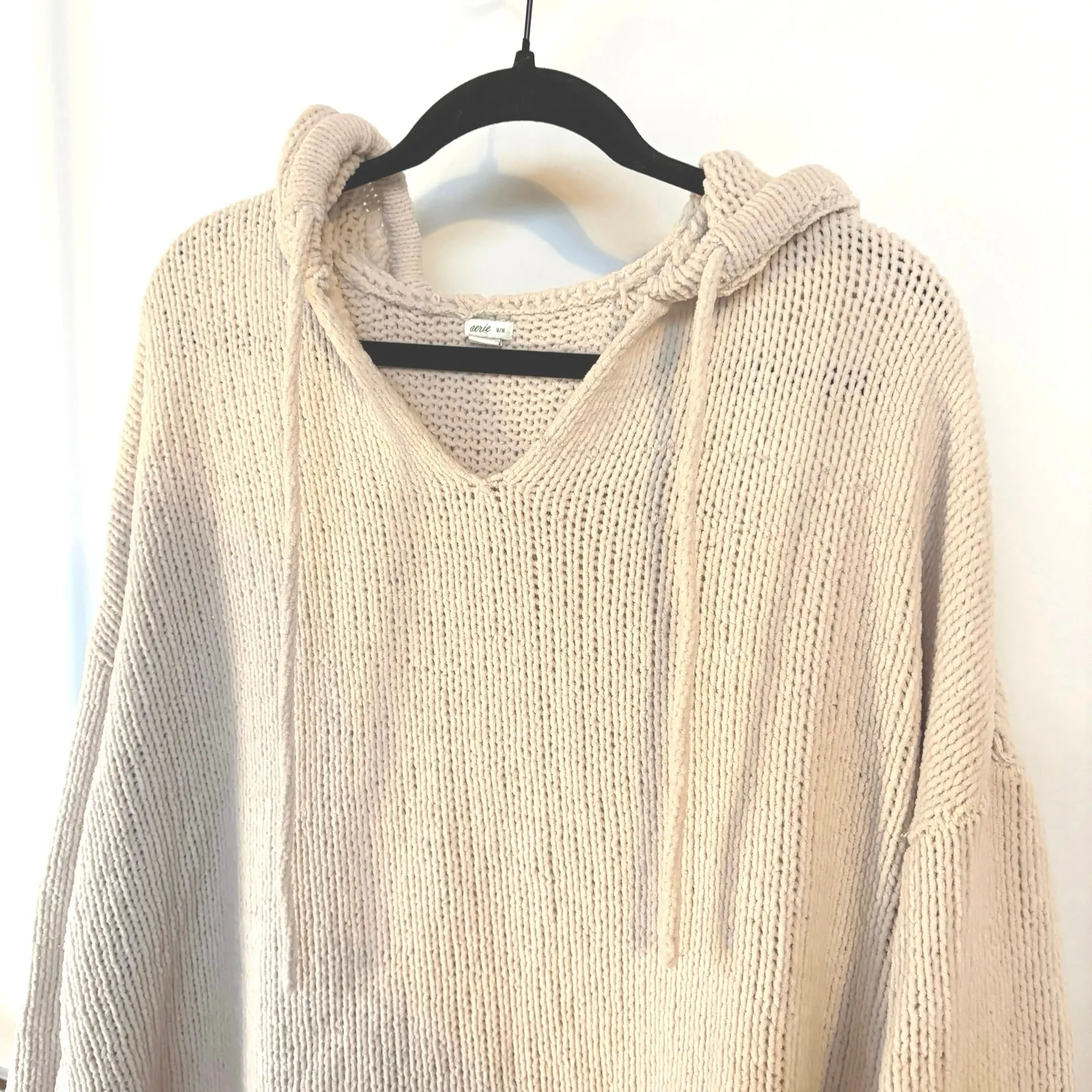 Aerie Crochet Chenille Cream Knit Hoodie Sweater Soft Cozy Oversized Boho Medium - Image 2