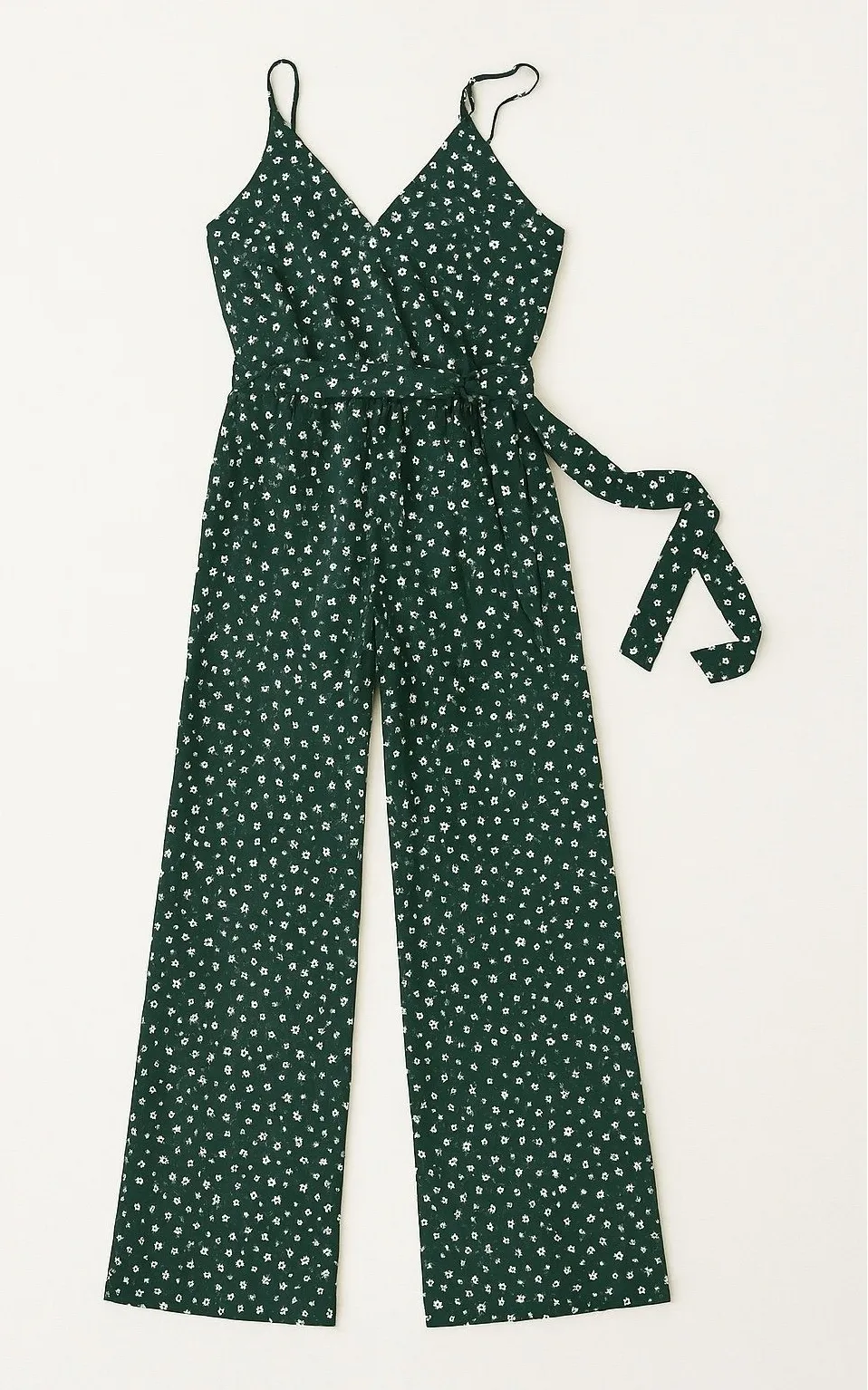 Kaileigh Green Floral Wide Leg Jumpsuit L Adjustable Straps Belted Boho Green Size 12 - Image 1