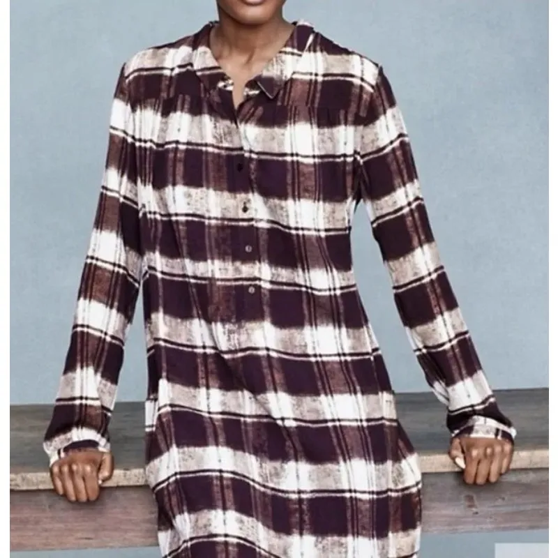 Garnet Hill Tunic Top Women 6 Purple Plaid Crepe Popover Shirt Casual Cottage - Image 2