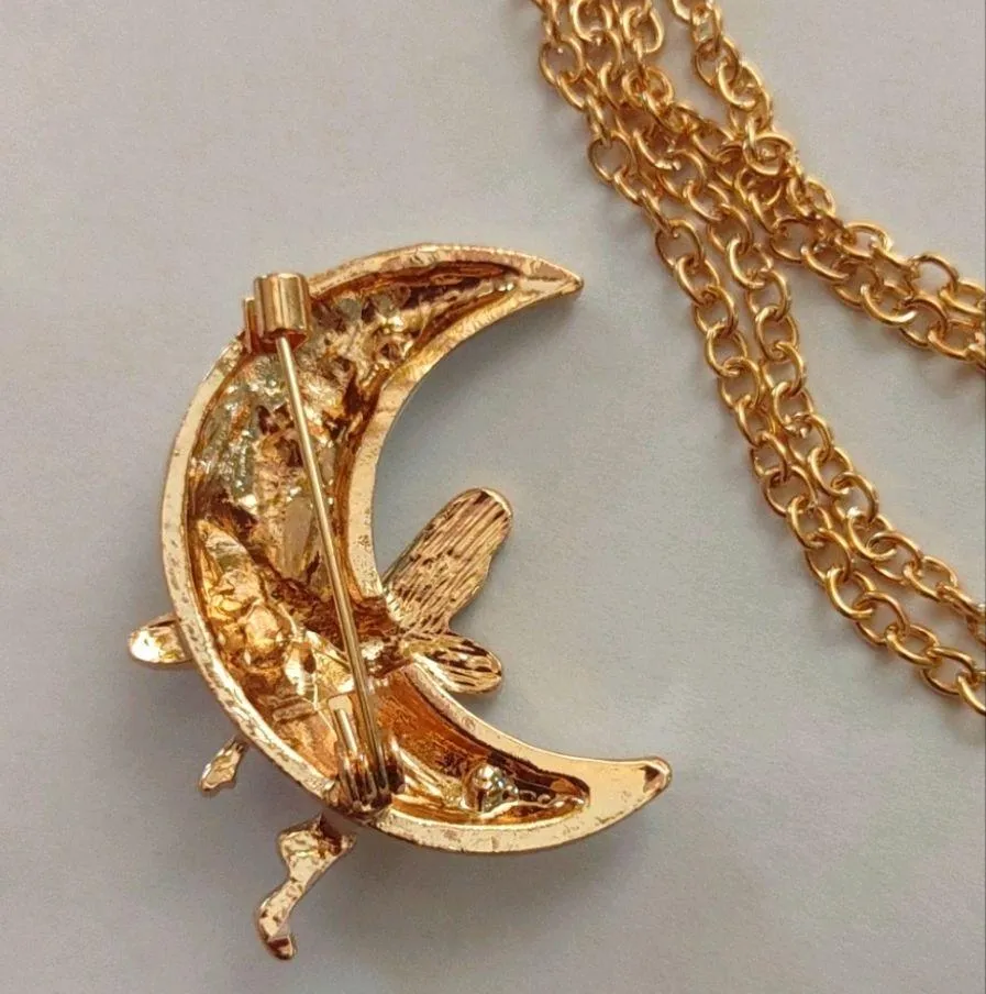 Glitter Wing Fairy On White Crescent Moon Brooch Pin Pendant Gold - Image 3