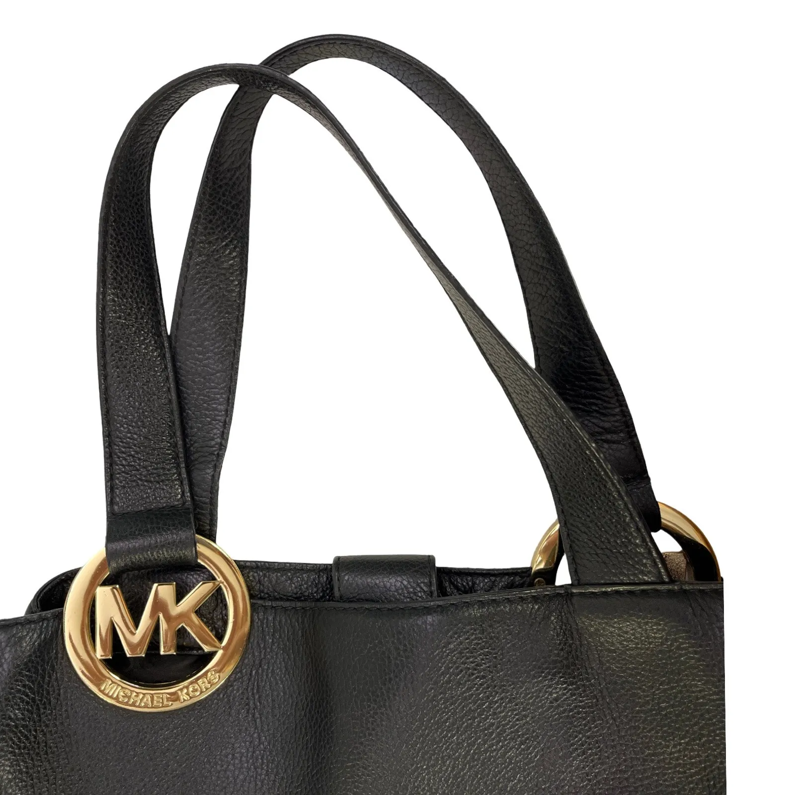 Michael Kors Black Pebbled Leather Tote Bag Gold MK Medallion Shoulder Purse - Image 14