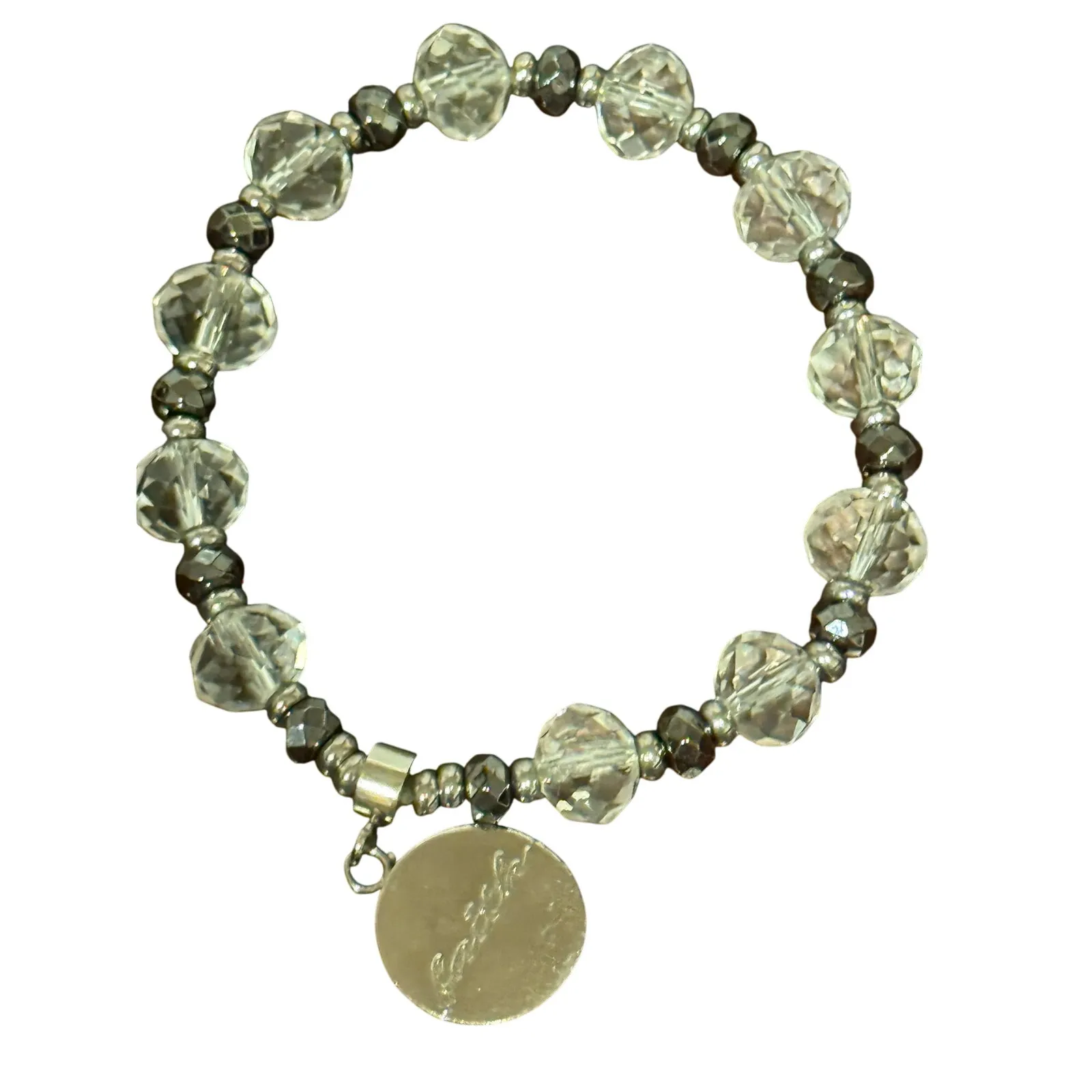 Rustic Cuff Christian Faith Stretch Bracelet Silver & Clear Beads Charm Logo - Image 15