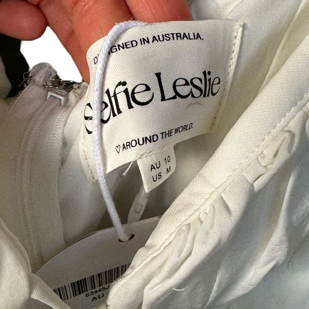 Selfie Leslie APEROL SPRITZ SHIRRED BODICE PUFF SLEEVE MINI DRESS WHITE M NWT - Image 5