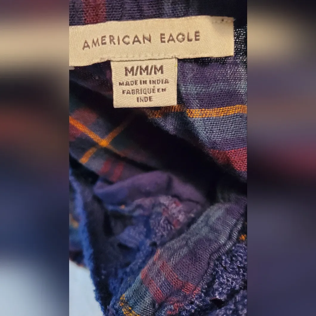American Eagle Outfitters Blue Plaid Crochet Peasant Boho Top Women’s M Long Sle - Image 5