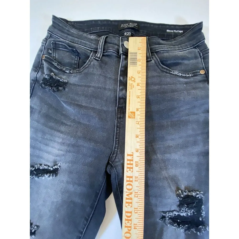 Judy Blue Jeans 5 / 27 Skinny Fit‎ Capri Distressed Med Rise Stretch Faded Black - Image 3