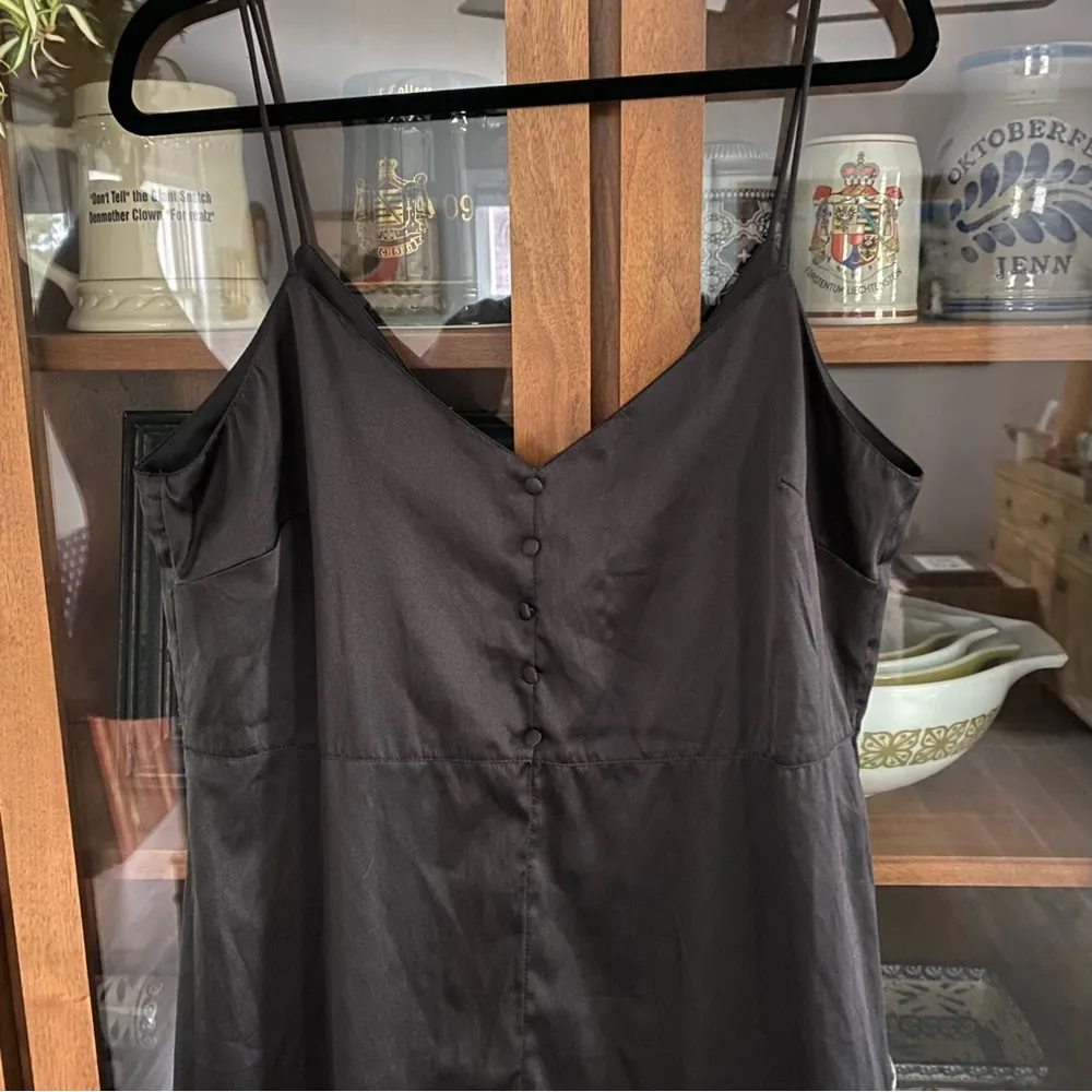 ASOS Black Satin Spaghetti Strap Slip Button Front Dress - Image 3