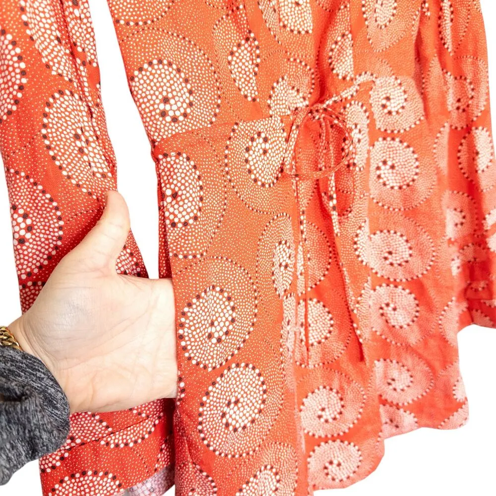 Staud Karlee Linen Long Sleeve Printed Bell Sleeve Mini Dress Coral Orange XS - Image 11