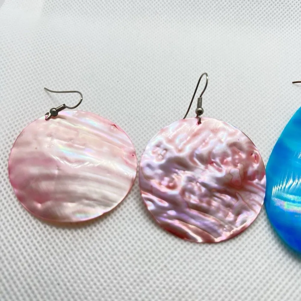 VTG 2 Pairs of Pierced Earrings 1980s Colored Abalone MOP Large Disk & Tear Drop Pink - Image 5