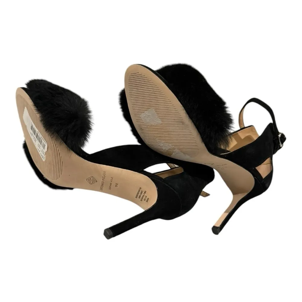 ANTONIO MELANI Kayleigh Rabbit Fur Open Toe Ankle Strap Heels Black Size 9 - Image 9