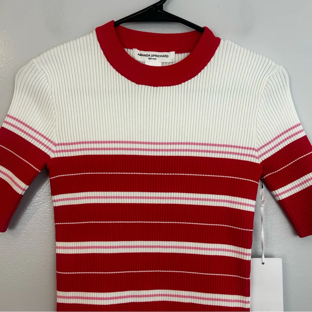 NWT Amanda Uprichard Red/Pink Ribbed Striped Short Sleeve Bodycon Mini dress - Image 3